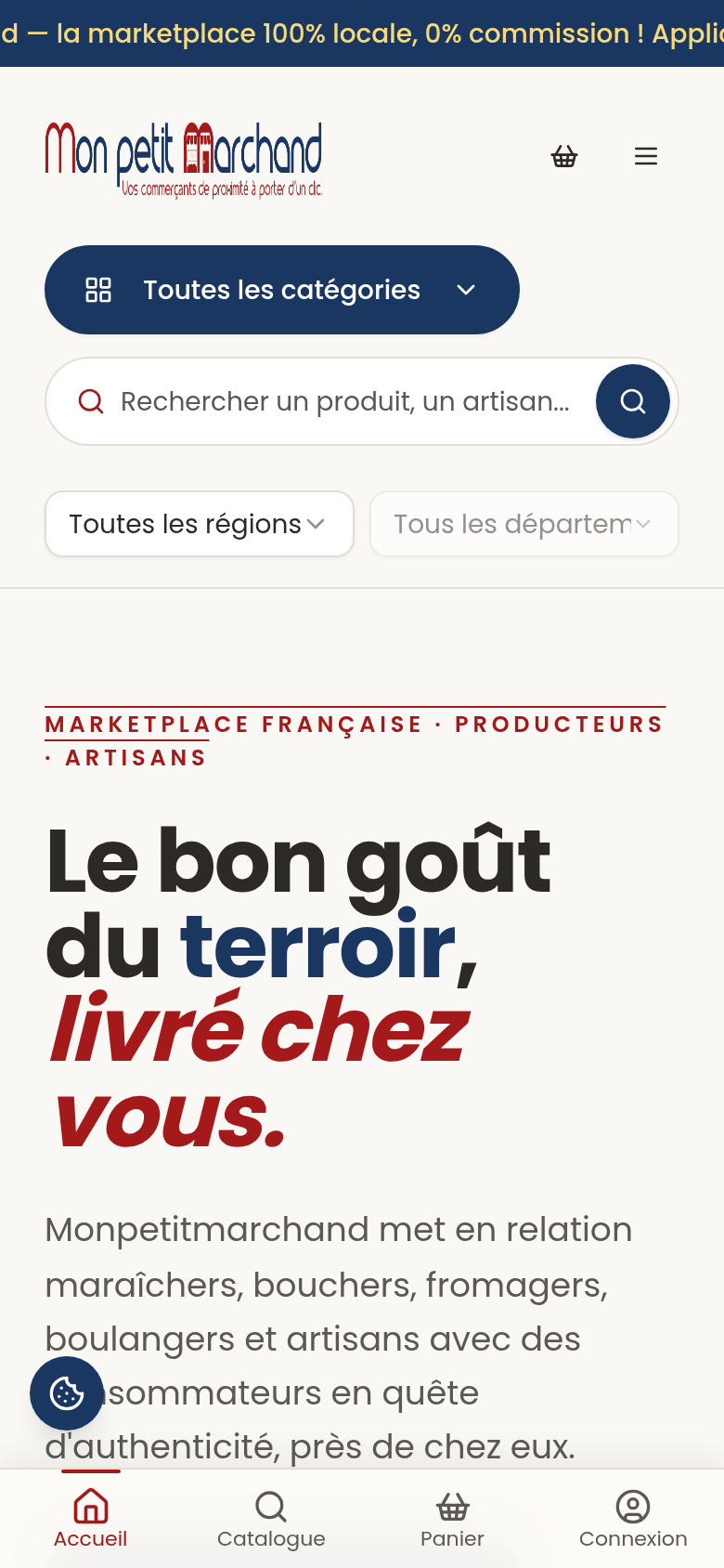 Écran d'accueil de l'application Monpetitmarchand